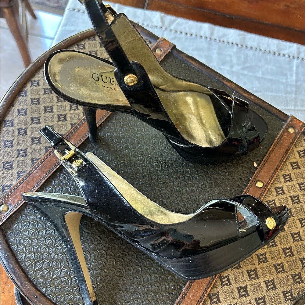 Guess Black Patent Leather Platform Open Toe Heels